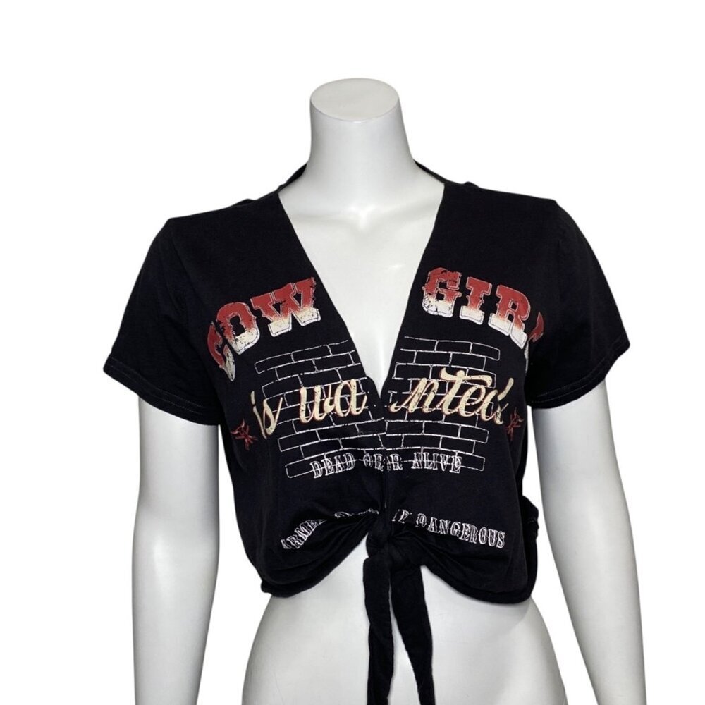 Adika Cowgirl is Wanted Dead or Alive Crop Tied T Shirt Womens Size XL V Neck